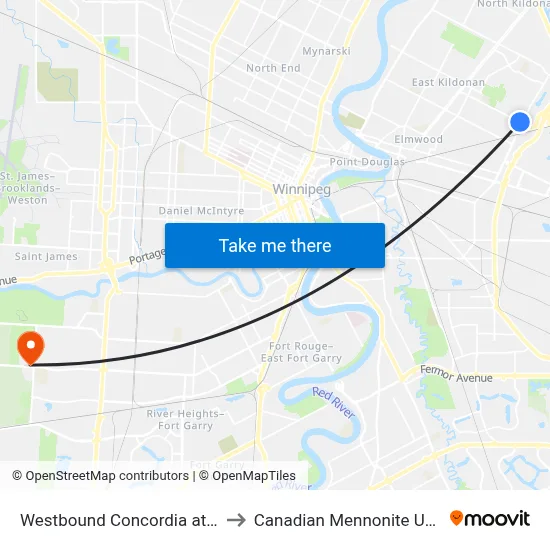 Westbound Concordia at Molson to Canadian Mennonite University map