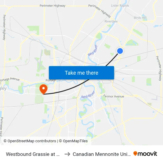 Westbound Grassie at Molson to Canadian Mennonite University map