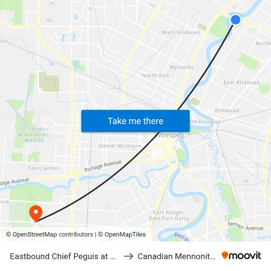 Eastbound Chief Peguis at Kildonan Bridge to Canadian Mennonite University map