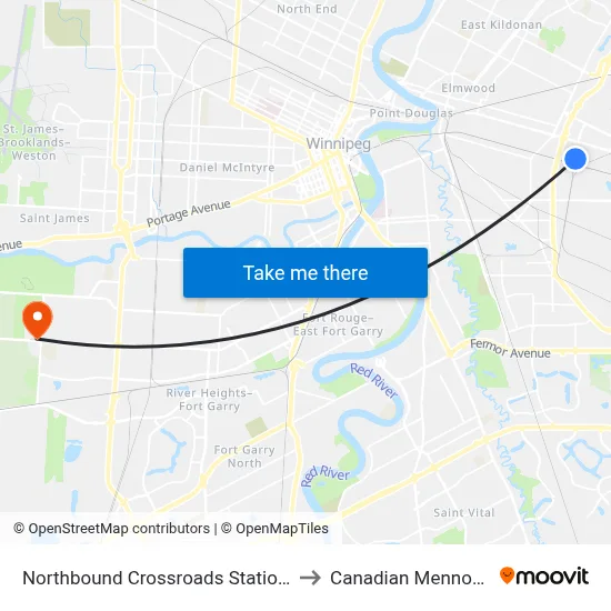 Northbound Crossroads Station Access at Wal-Mart to Canadian Mennonite University map