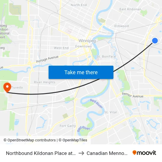 Northbound Kildonan Place at Kildonan Place (38) to Canadian Mennonite University map