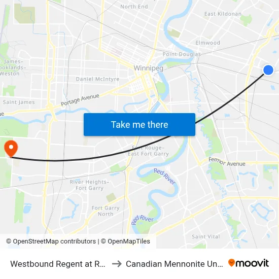 Westbound Regent at Rougeau to Canadian Mennonite University map