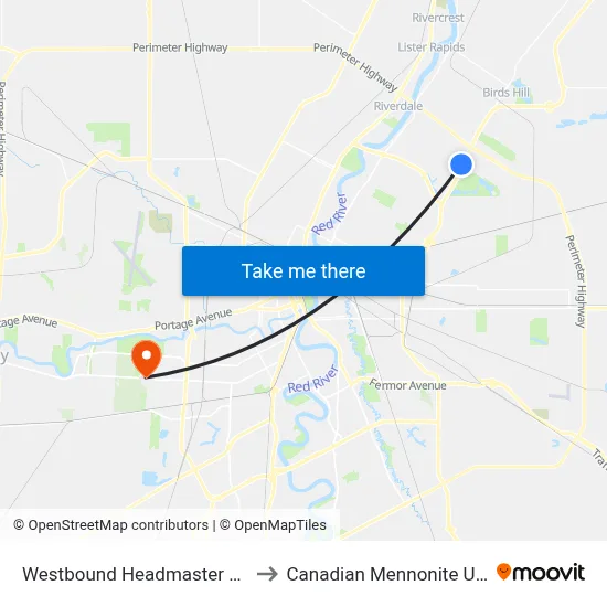 Westbound Headmaster at Devries to Canadian Mennonite University map