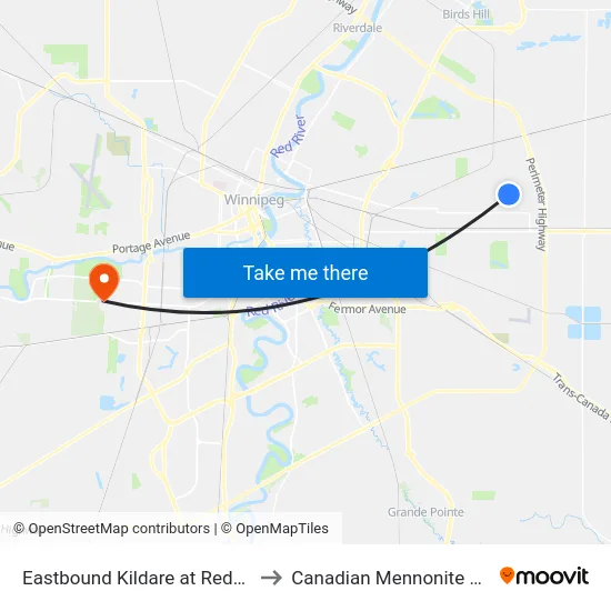 Eastbound Kildare at Redonda West to Canadian Mennonite University map