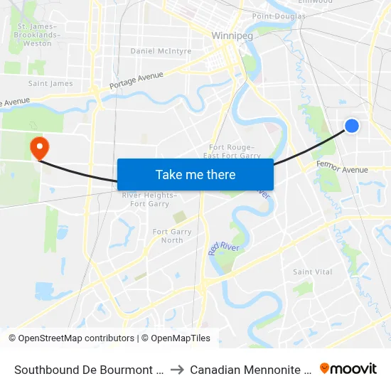 Southbound De Bourmont at Fontaine to Canadian Mennonite University map