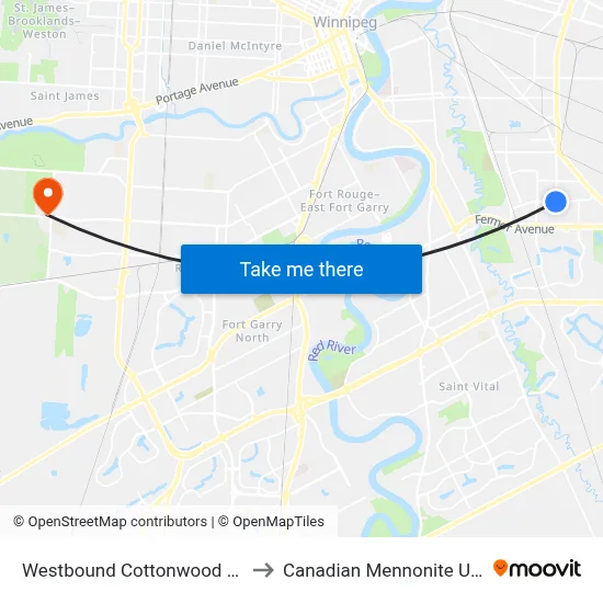 Westbound Cottonwood at Speers to Canadian Mennonite University map
