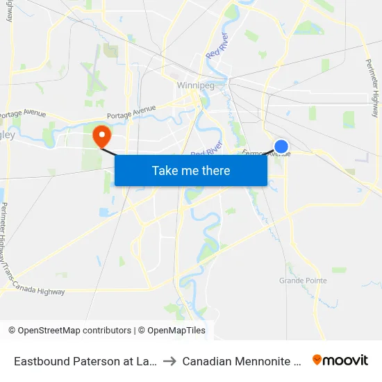 Eastbound Paterson at Lagimodiere to Canadian Mennonite University map