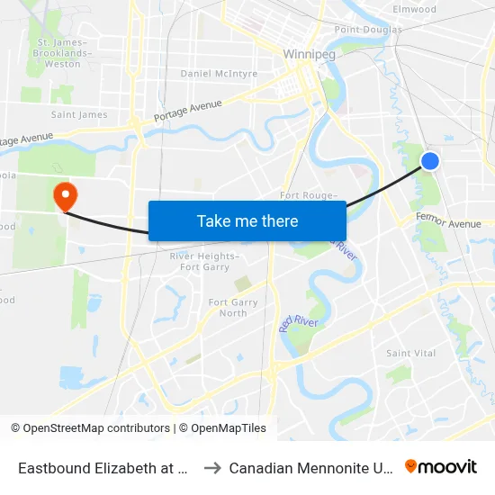 Eastbound Elizabeth at Archibald to Canadian Mennonite University map