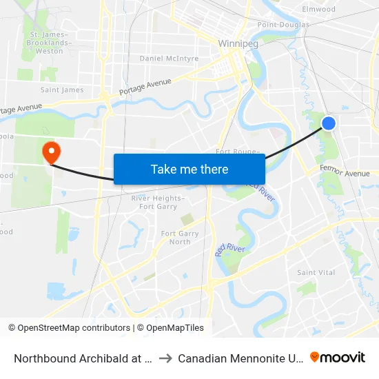 Northbound Archibald at Elizabeth to Canadian Mennonite University map