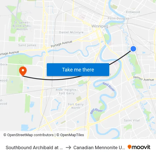 Southbound Archibald at Tremblay to Canadian Mennonite University map