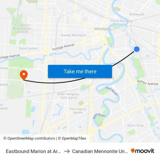 Eastbound Marion at Archibald to Canadian Mennonite University map