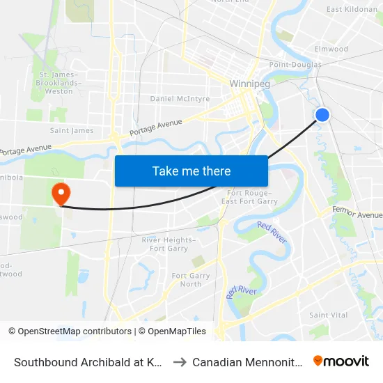 Southbound Archibald at Kavanagh North to Canadian Mennonite University map