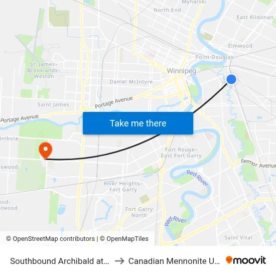 Southbound Archibald at Plinguet to Canadian Mennonite University map