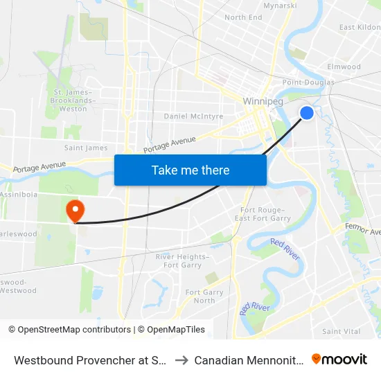 Westbound Provencher at St. Jean Baptiste to Canadian Mennonite University map