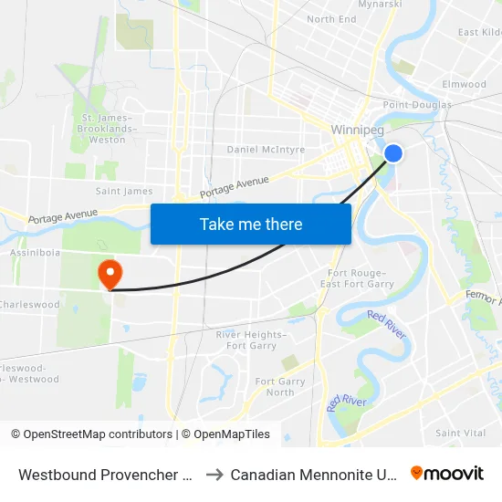 Westbound Provencher at Tache to Canadian Mennonite University map