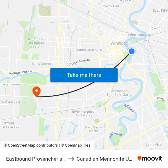 Eastbound Provencher at Tache to Canadian Mennonite University map
