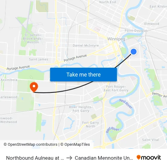 Northbound Aulneau at Hamel to Canadian Mennonite University map