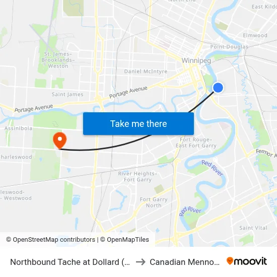 Northbound Tache at Dollard (St. Boniface Hospital) to Canadian Mennonite University map
