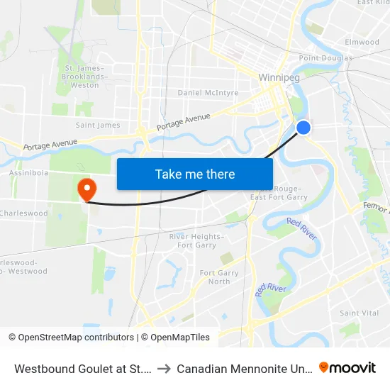 Westbound Goulet at St. Mary's to Canadian Mennonite University map