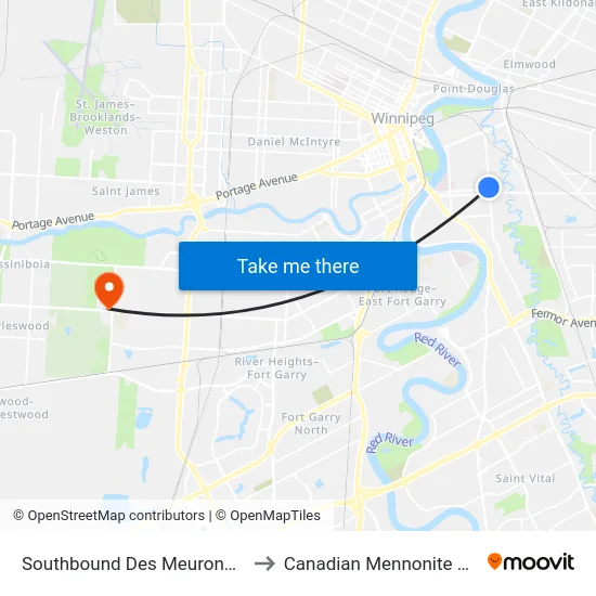 Southbound Des Meurons at Goulet to Canadian Mennonite University map