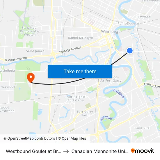 Westbound Goulet at Braemar to Canadian Mennonite University map