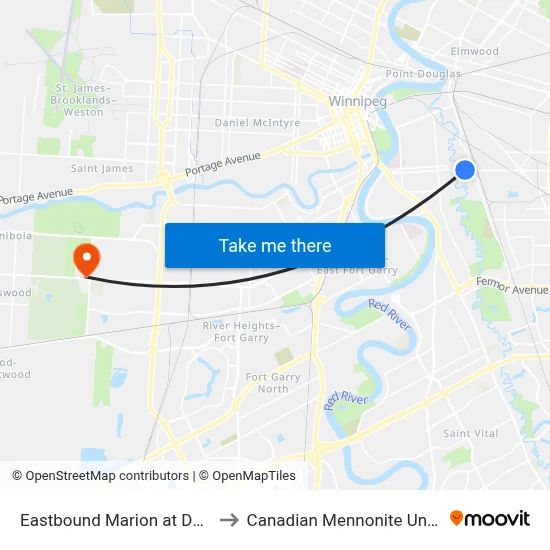 Eastbound Marion at Dufresne to Canadian Mennonite University map