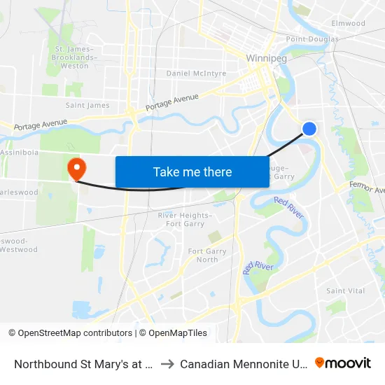 Northbound St Mary's at Niverville to Canadian Mennonite University map