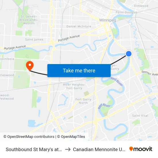 Southbound St Mary's at Carriere to Canadian Mennonite University map