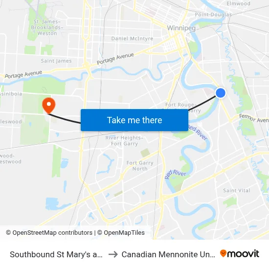 Southbound St Mary's at Vivian to Canadian Mennonite University map