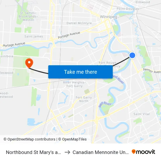 Northbound St Mary's at Vivian to Canadian Mennonite University map