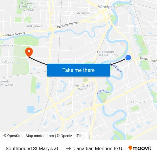 Southbound St Mary's at Elm Park to Canadian Mennonite University map