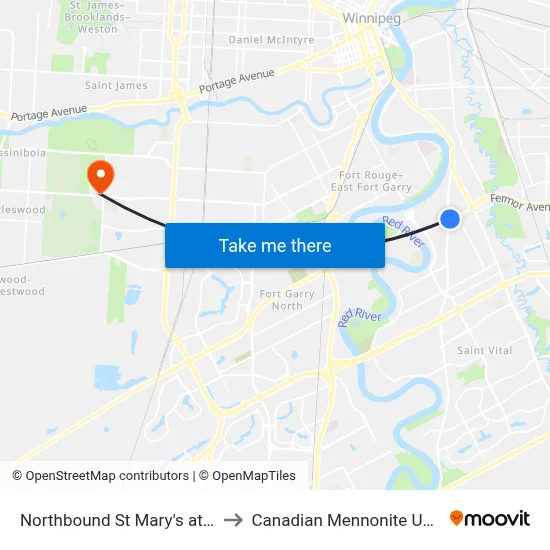 Northbound St Mary's at Fermor to Canadian Mennonite University map