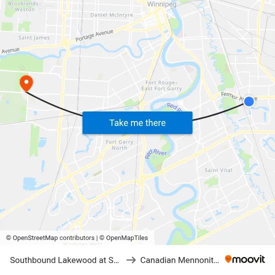 Southbound Lakewood at Southdale Centre to Canadian Mennonite University map