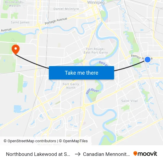 Northbound Lakewood at Southdale Centre to Canadian Mennonite University map