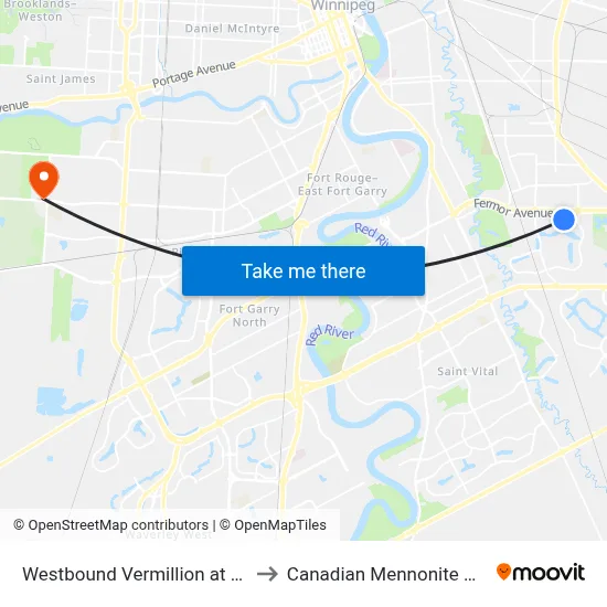 Westbound Vermillion at Lake Park to Canadian Mennonite University map