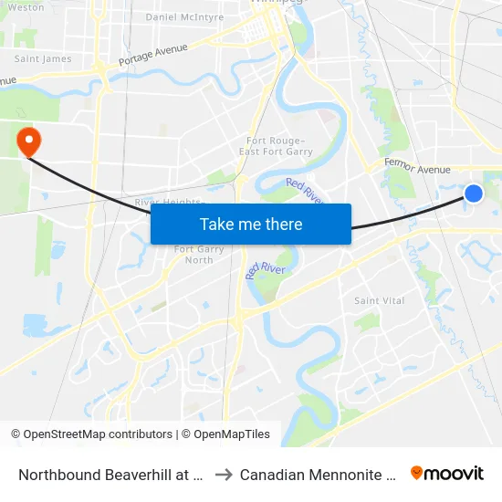 Northbound Beaverhill at Edgewater to Canadian Mennonite University map