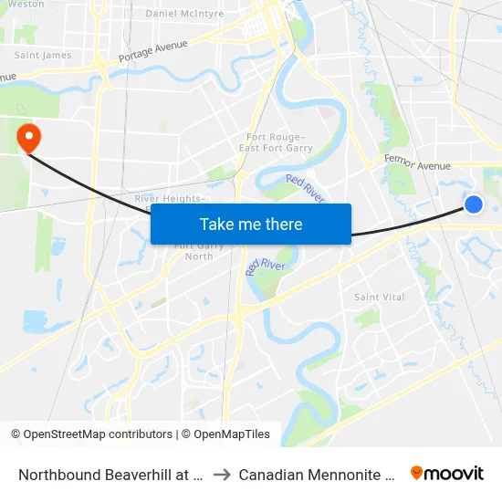 Northbound Beaverhill at Shamrock to Canadian Mennonite University map