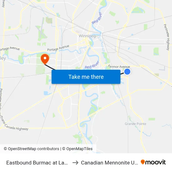 Eastbound Burmac at Lagimodiere to Canadian Mennonite University map