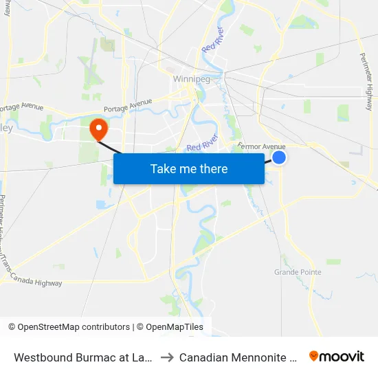 Westbound Burmac at Lagimodiere to Canadian Mennonite University map