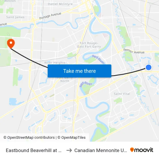 Eastbound Beaverhill at Driftwood to Canadian Mennonite University map