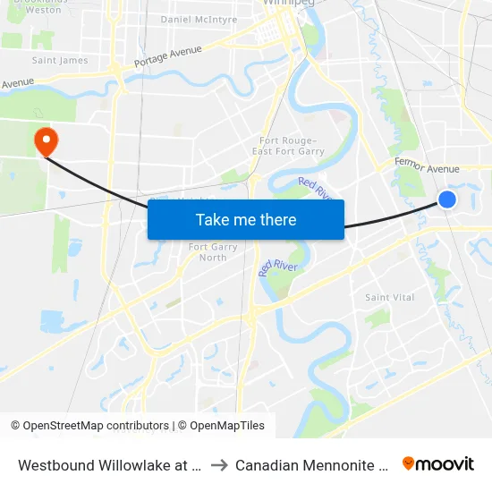Westbound Willowlake at Lakewood to Canadian Mennonite University map