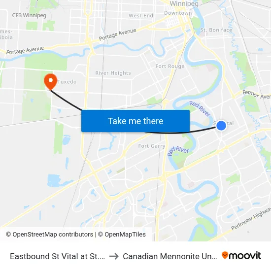 Eastbound St Vital at St. Mary's to Canadian Mennonite University map
