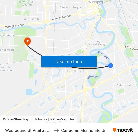 Westbound St Vital at Dunkirk to Canadian Mennonite University map