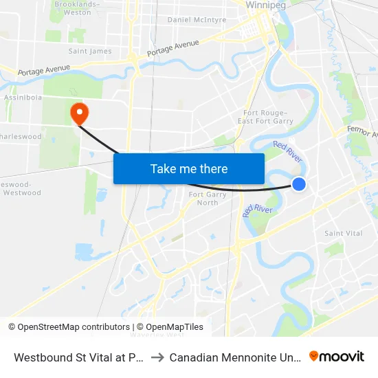 Westbound St Vital at Pulberry to Canadian Mennonite University map