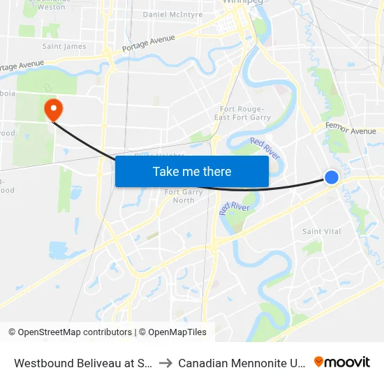 Westbound Beliveau at St. Anne's to Canadian Mennonite University map