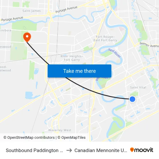 Southbound Paddington at Tufnell to Canadian Mennonite University map