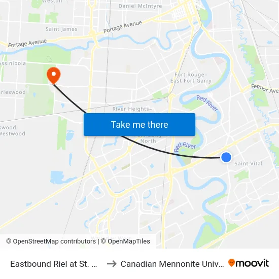 Eastbound Riel at St. Mary's to Canadian Mennonite University map