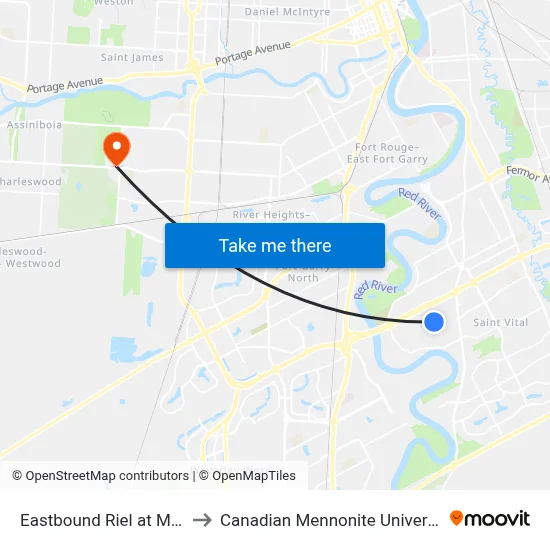Eastbound Riel at Metz to Canadian Mennonite University map