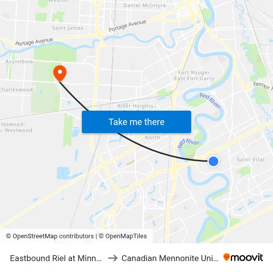 Eastbound Riel at Minnetonka to Canadian Mennonite University map