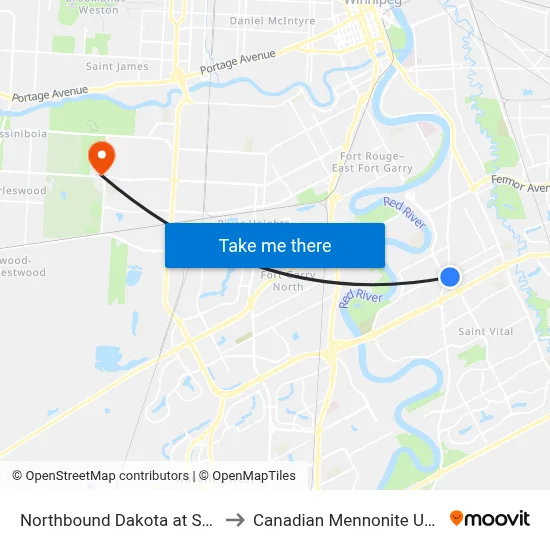 Northbound Dakota at St. Mary's to Canadian Mennonite University map